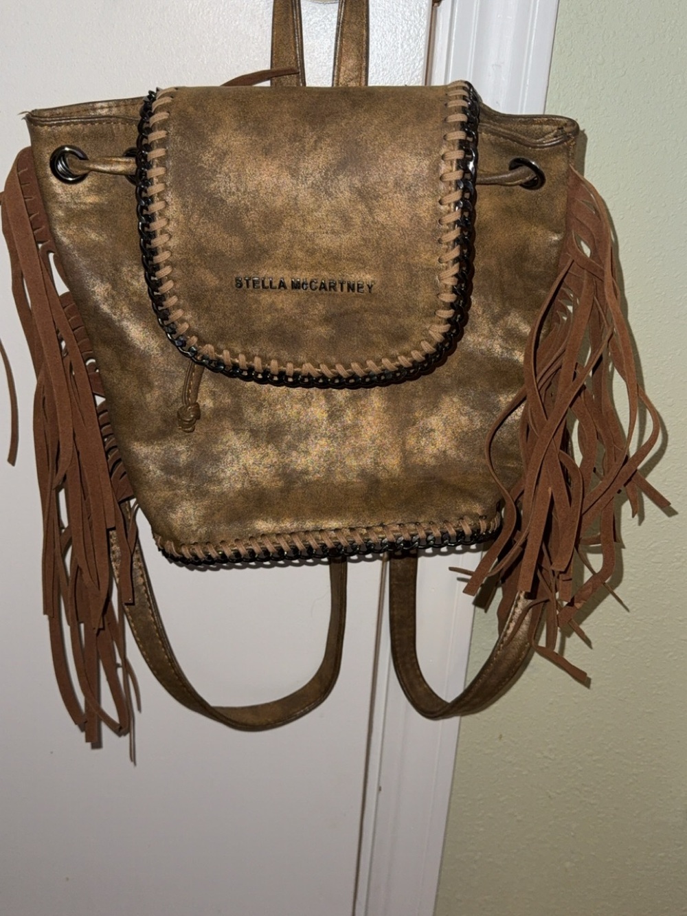 Stella McCartney Metallic Bronze Fringe Backpack with Braided Trim